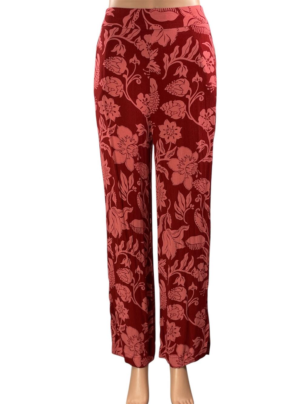 MNG Mango Women's Red Floral High Waisted Straight Leg Trousers Pants Size S